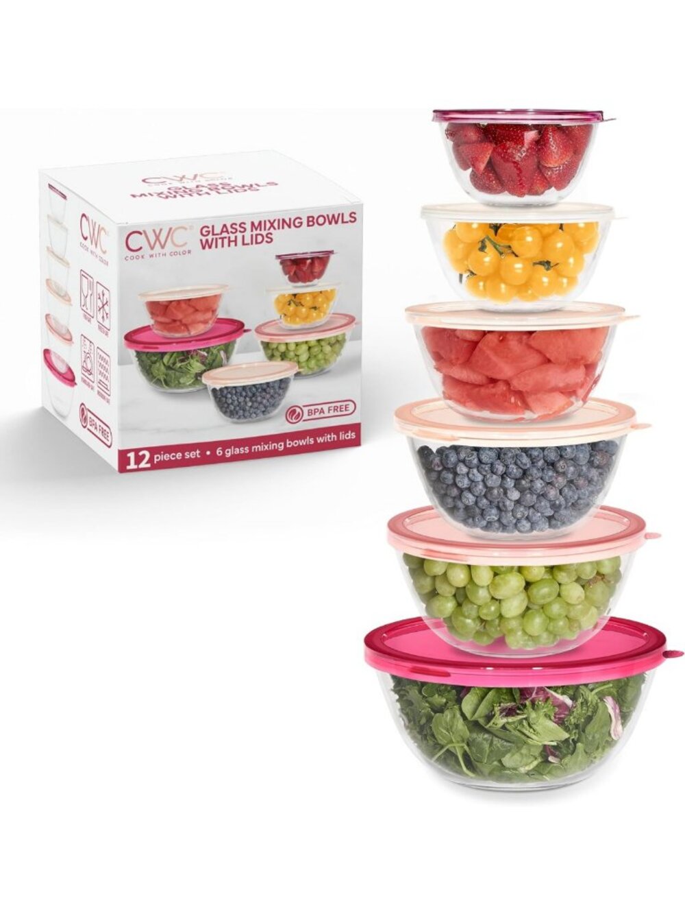 12 Pc Glass Mixing Bowl Set with Lids – Borosilicate Nesting Bowls for Cooking